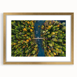 Abstract art print of a Finnish landscape in muted blues and greens, framed in gold, ideal for dining room decor.