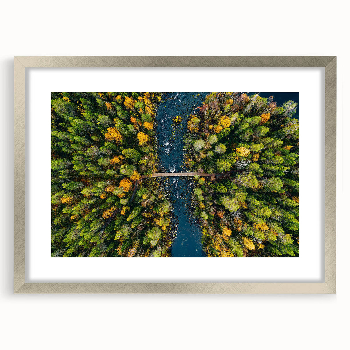 Extra large abstract art print of a textured Finnish landscape in muted earth tones, framed in silver.
