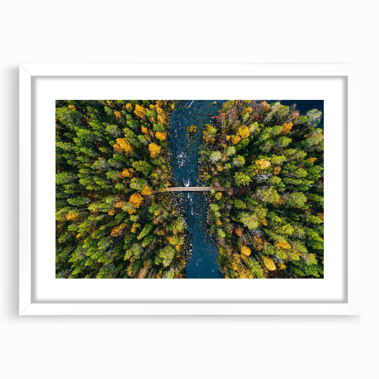Textured abstract art print depicting a serene Finnish landscape in cool blue and white tones, framed with a white mat.