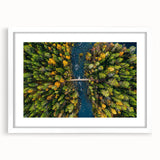 Textured abstract art print depicting a serene Finnish landscape in cool blue and white tones, framed with a white mat.