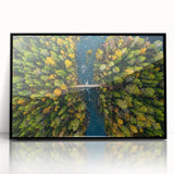 Large abstract wall art featuring a serene Finnish landscape in muted earth tones, framed in black acrylic.