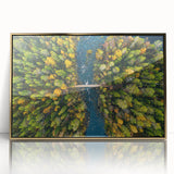 Art Deco style poster of a European scenery in Finland, with muted gold tones on a framed acrylic.