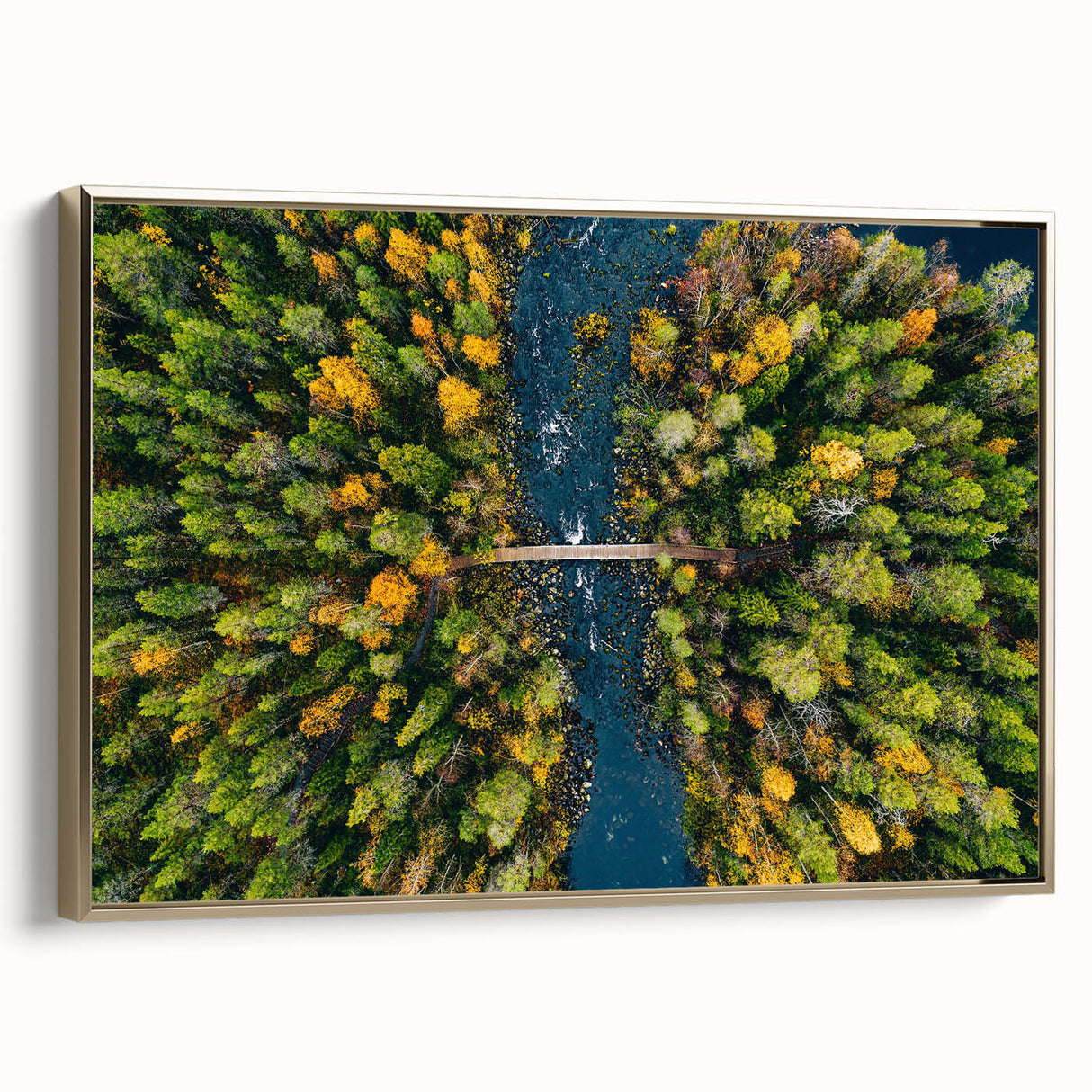 Framed canvas featuring a vintage-style landscape painting of a serene Finnish scenery, with muted earth tones.
