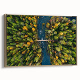 Framed canvas featuring a vintage-style landscape painting of a serene Finnish scenery, with muted earth tones.