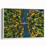 Vintage poster art of a scenic Finnish landscape on framed canvas, featuring vibrant colors against a black background.