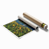 Extra large rolled print of a serene Finnish landscape with lush greenery and a calm lake.