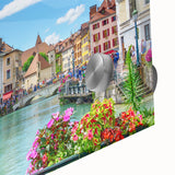 French Alps landscape on acrylic glass, featuring large abstract shapes in muted earth tones, suitable as dining room art.