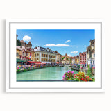 Textured art of the French Alps in abstract style, framed with a white mat, featuring cool blue and white tones.