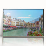 Large art print of the French Alps in muted earth tones on a silver-framed acrylic, ideal for modern art wall decor.