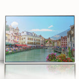 Mid-century modernist art depicting the French Alps in muted earth tones on a framed acrylic, ideal for nursery wall decor.