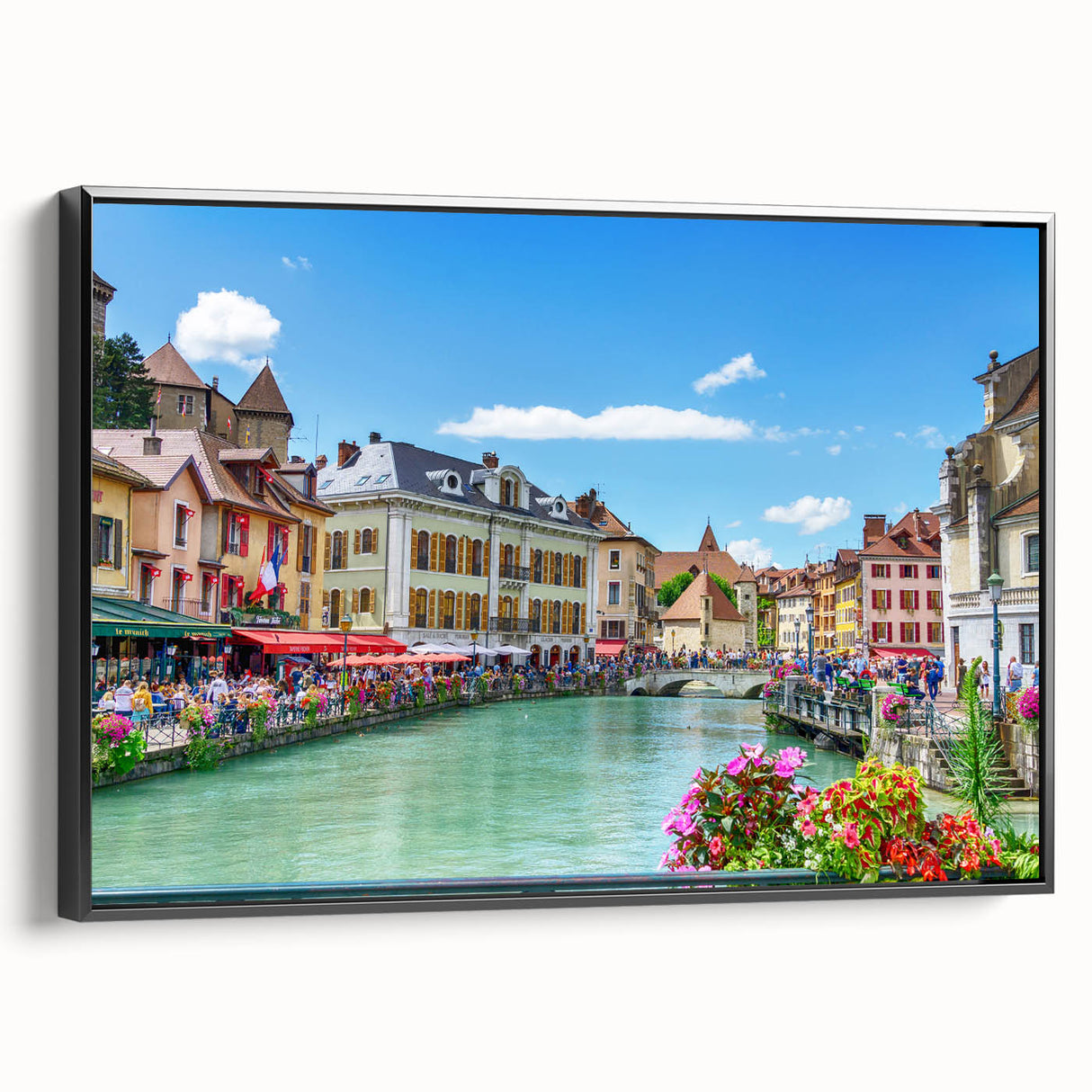 Black and white framed canvas of the French Alps landscape, ideal for bedroom wall decor.