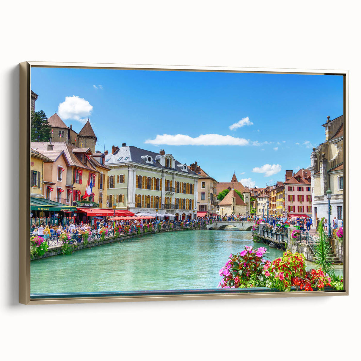 Framed canvas featuring a vintage-style landscape of the French Alps in black and gold tones, ideal for bedroom wall art.