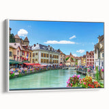 Vintage poster art of the French Alps in colorful hues, framed canvas, ideal for living room decor.