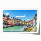 French Alps landscape with vibrant green and blue shades on a large rolled canvas, ideal for art wall dining room.