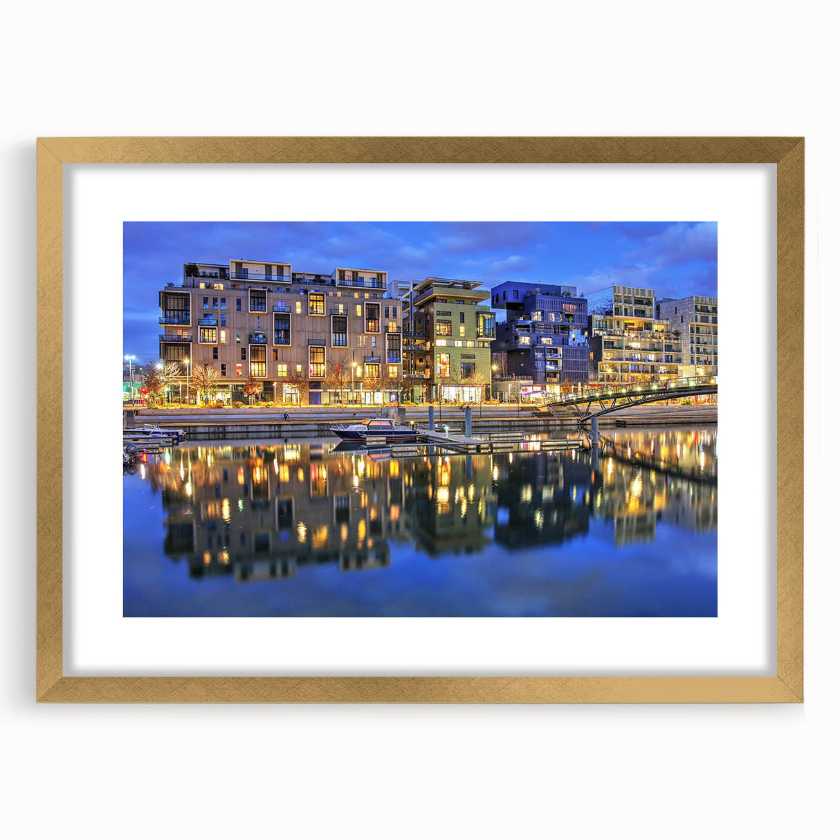 Abstract art print of Lyon cityscape with gold frame and mat, in muted earth tones, ideal for dining room decor.