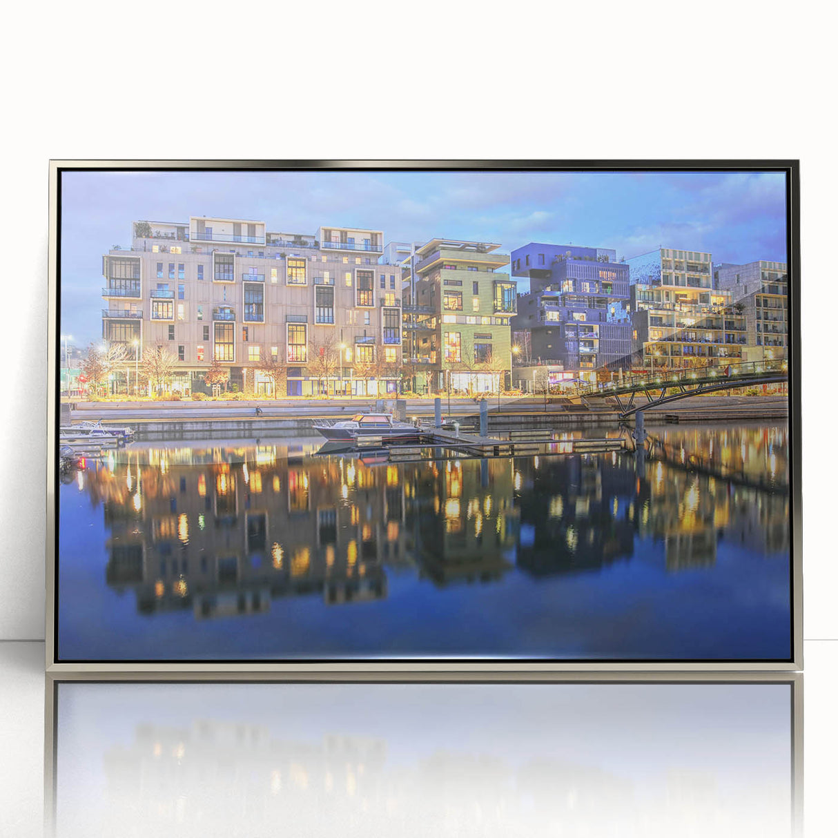 Large acrylic print of a mid-century modernist Lyon scenery in silver frame, suitable for modern art wall decor.