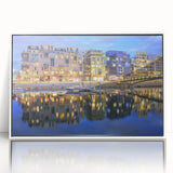 Mid-century modernist art depicting Lyon, France in muted blue and gray tones on a framed acrylic.