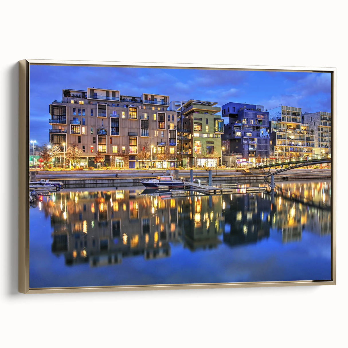 Framed canvas of a vintage-style landscape painting of Lyon, France, in muted gold and black tones.