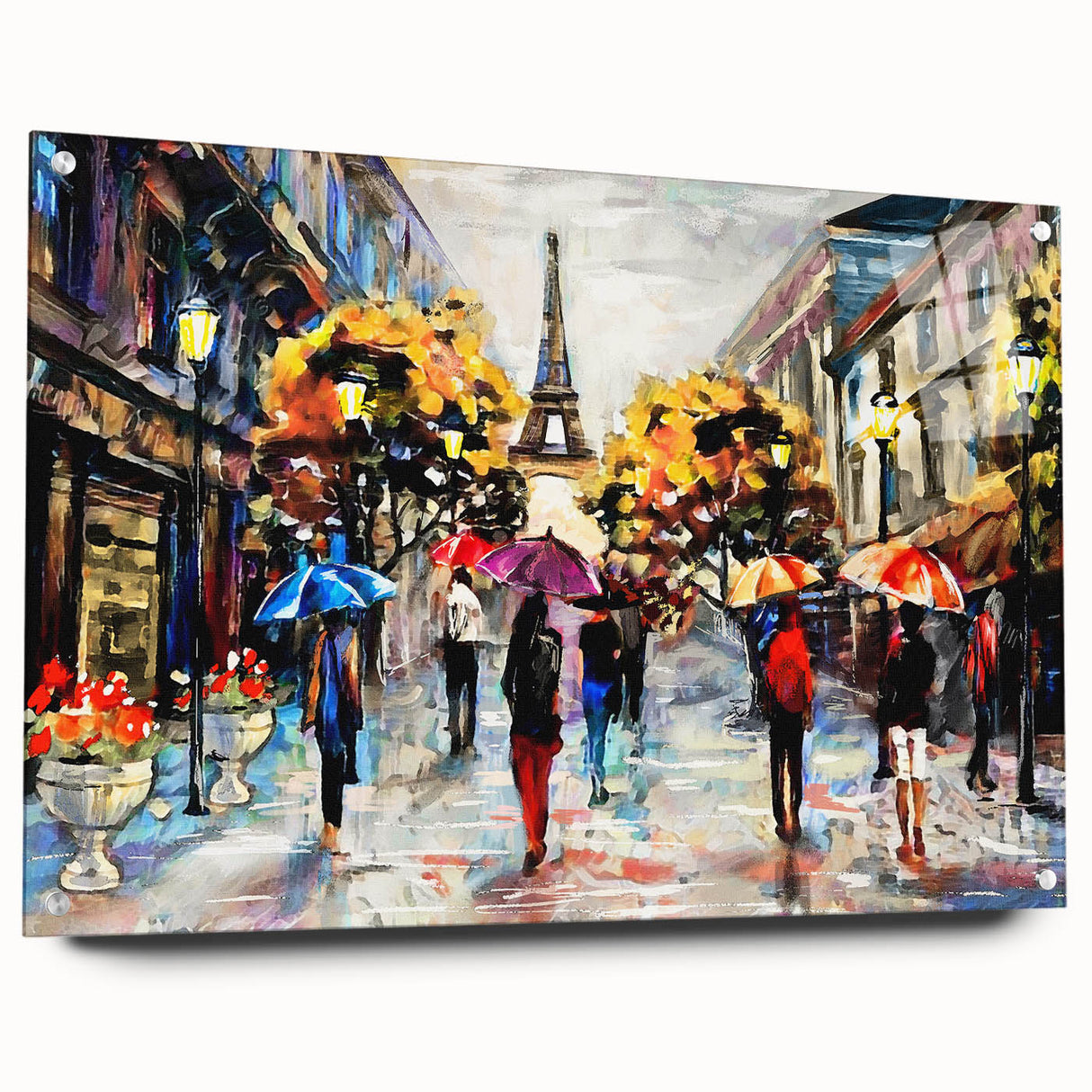 Acrylic print of a Paris skyline in muted gray and blue tones, suitable for bedroom or dining room decor.