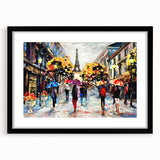 Colorful abstract art print of Paris scenery in vibrant hues on a large textured canvas, framed in black.
