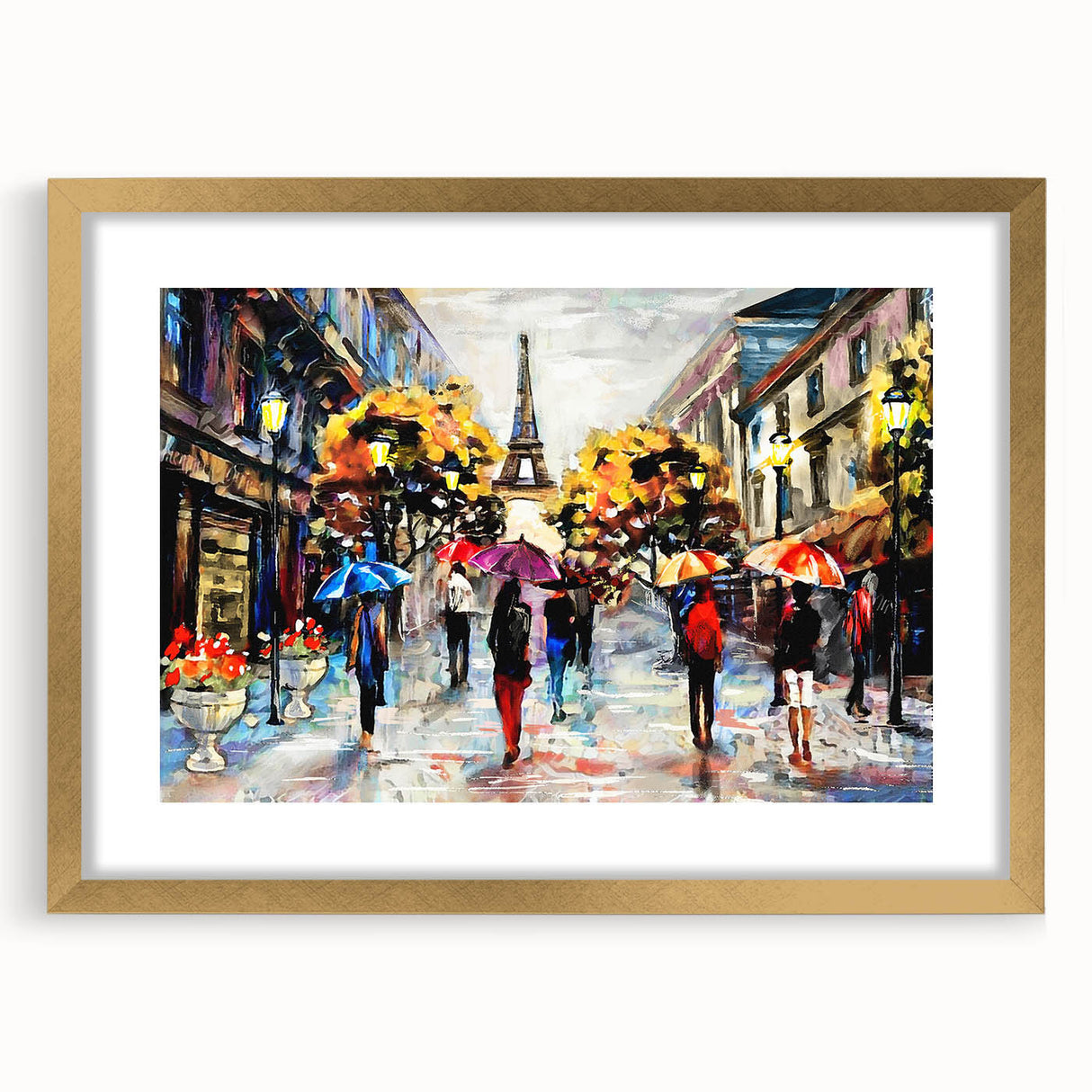 Abstract art print of Paris scenery in gold frame with mat, featuring muted earth tones, ideal for dining room decor.