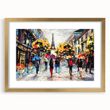 Abstract art print of Paris scenery in gold frame with mat, featuring muted earth tones, ideal for dining room decor.