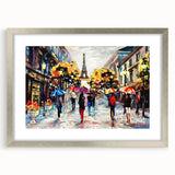 Extra large abstract art print of a textured Parisian scene in muted earth tones, framed in silver.