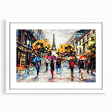 Textured art print of abstract Paris scenery in muted gray and blue tones on a framed white mat.