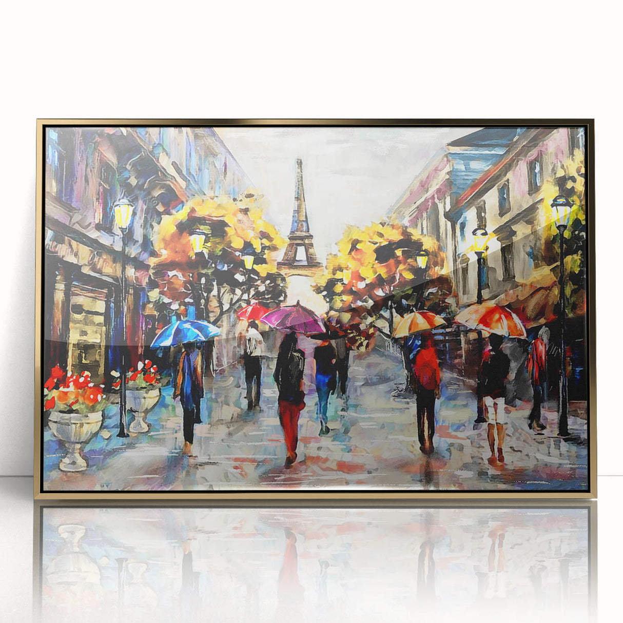 Art Deco style poster of Paris scenery, with gold-framed acrylic, featuring muted earth tones.