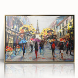 Art Deco style poster of Paris scenery, with gold-framed acrylic, featuring muted earth tones.