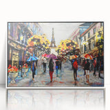 Mid-century modernist art depicting Paris scenery in muted gray and blue tones on a framed acrylic.