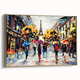 Framed canvas featuring a vintage-style Paris landscape in muted gold and black tones, ideal for bedroom wall art.