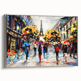 Landscape art painting of a Parisian scene, featuring colorful vintage poster art on a black framed canvas.