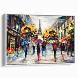 Vintage poster art of Paris featuring colorful landmarks on extra large black framed canvas, ideal for living room decor.