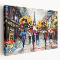 Parisian street scene in muted gray and blue tones on large stretched canvas, ideal for kitchen wall art.
