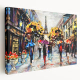 Parisian street scene in muted gray and blue tones on large stretched canvas, ideal for kitchen wall art.