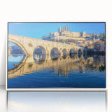 Mid-century modernist art depicting a serene Provence landscape in muted earth tones, acrylic print framed in white.