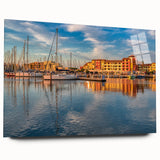 Large abstract wall art depicting a scenic view of southern France, in vibrant blues and greens on acrylic glass.