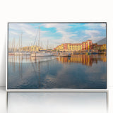 Mid-century modernist art depicting a serene South France landscape in soft pastel shades on a framed acrylic print.