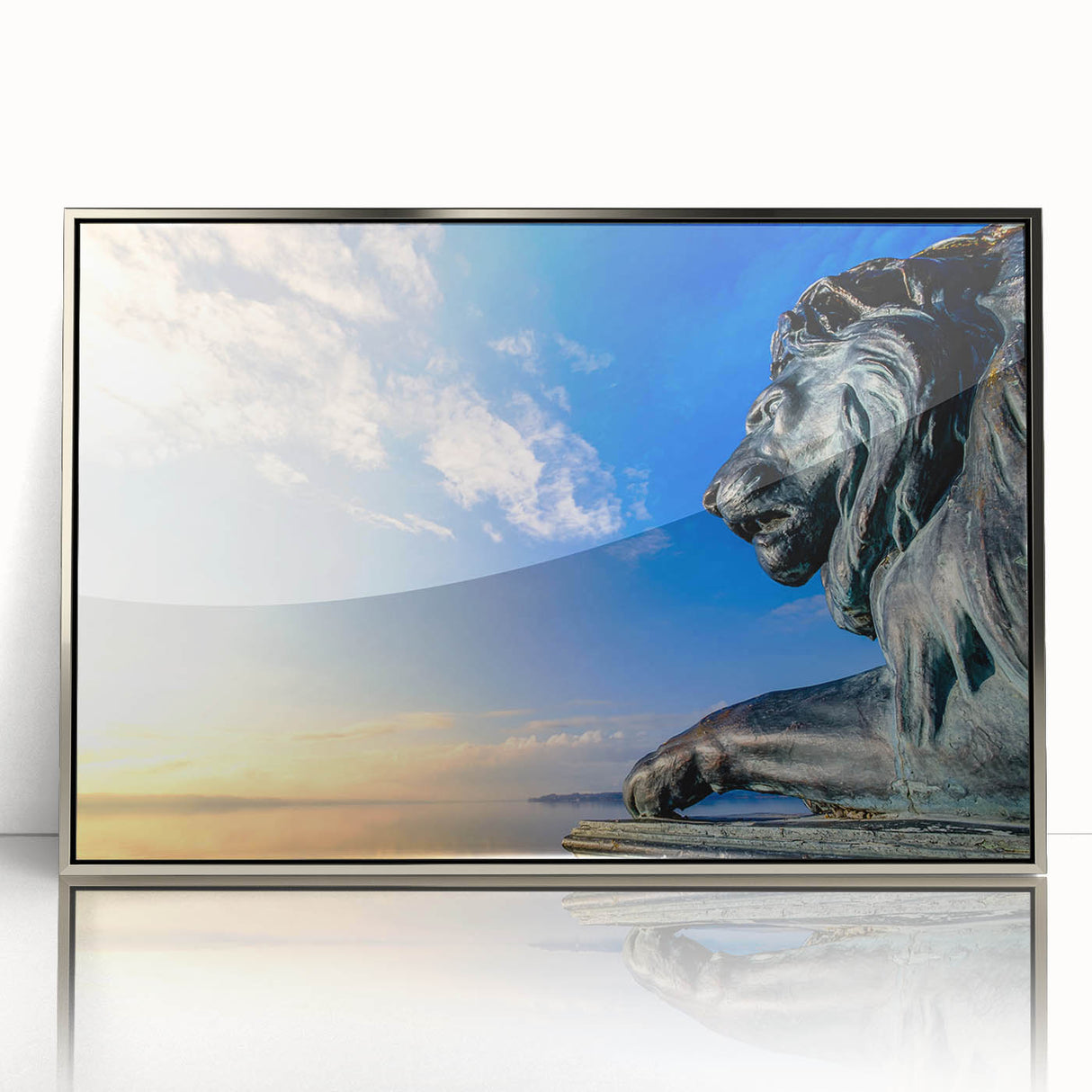 Large art print of a Bavarian landscape in muted green and blue tones on a silver-framed acrylic.