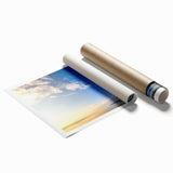 Rolled print of a Bavarian landscape featuring a floral foreground and distant hills, in soft earth tones.