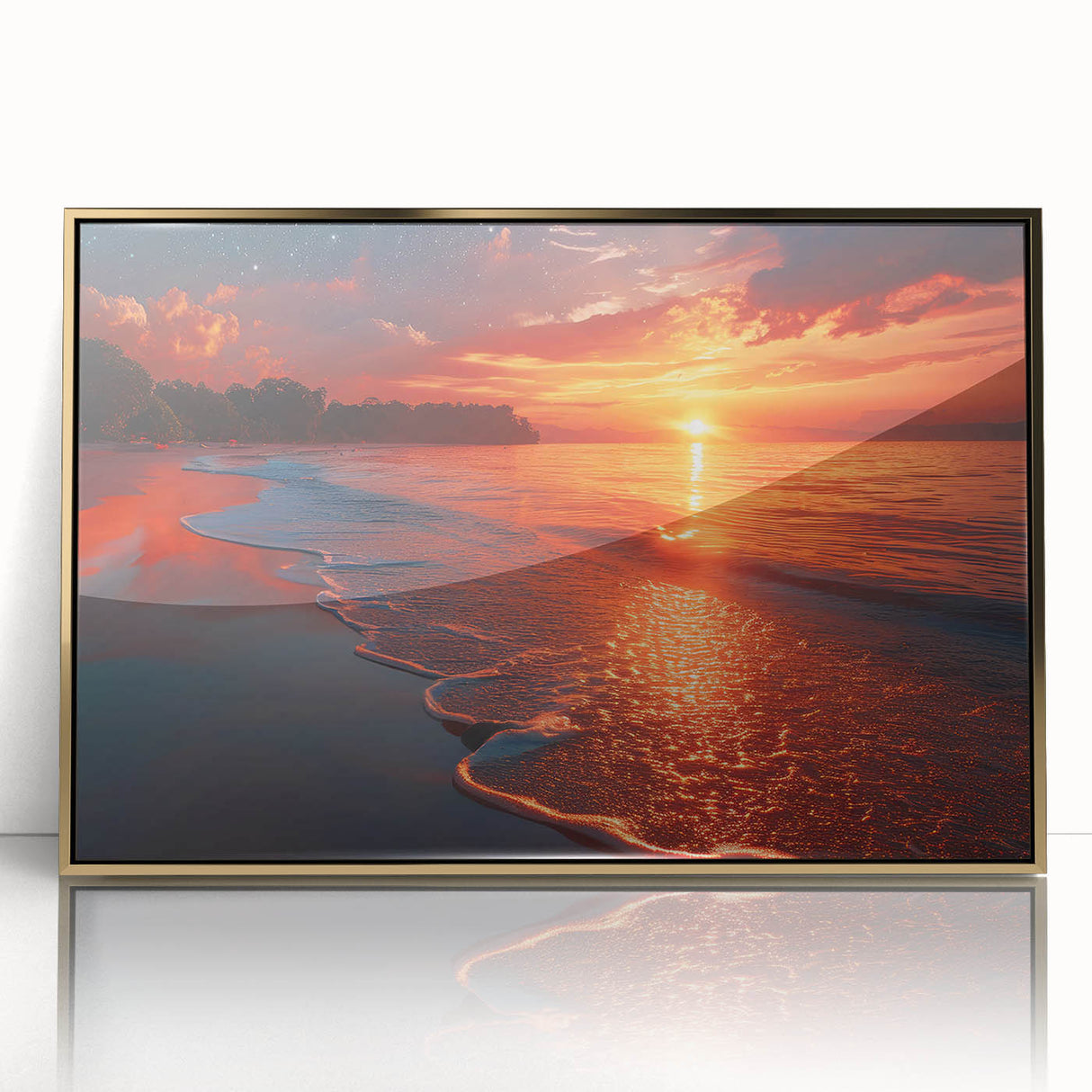 Art deco poster featuring a European scenery in Crete with muted gold and blue tones on framed acrylic.