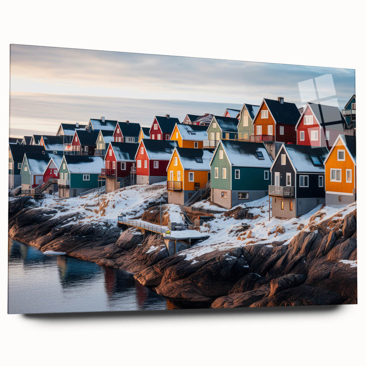 Large abstract wall art depicting a Greenland scenery in muted green and blue tones on acrylic glass.
