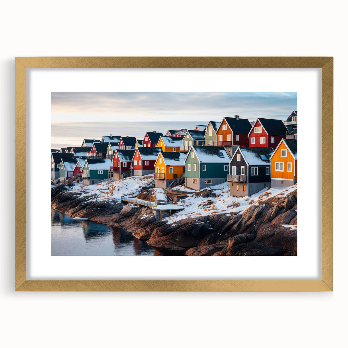 Abstract art print featuring a minimalist Greenland scenery in muted green and blue hues, framed in gold.