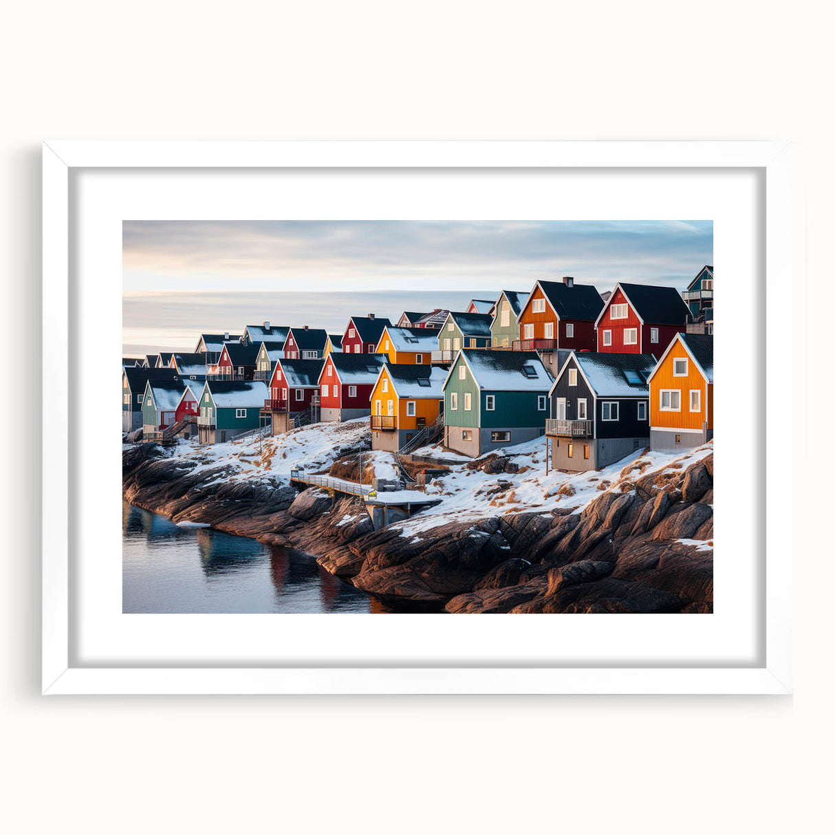 Textured abstract art print of a Greenland landscape in muted green and blue tones, framed with a white mat.
