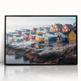 Large abstract wall art depicting a minimalist Greenland scenery in muted green tones, framed in black acrylic.