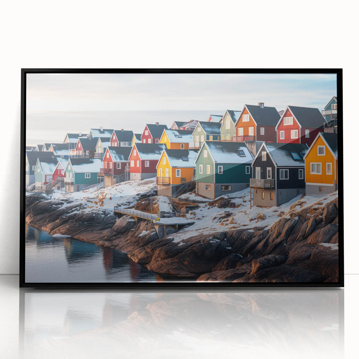 Large abstract wall art depicting a minimalist Greenland scenery in muted green tones, framed in black acrylic.