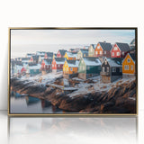 Acrylic print of a European Greenland landscape in muted greens and golds, framed in gold, ideal for modern art wall decor.