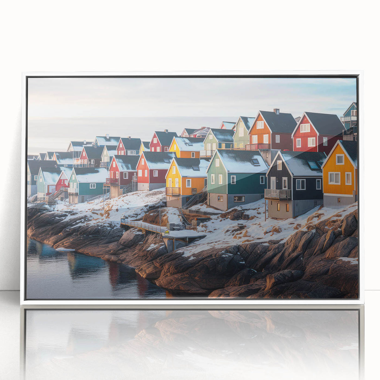 Mid-century modernist art depicting a serene Greenland landscape in muted green and white tones.