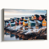 Vintage-style landscape art painting of Greenland on framed canvas, featuring muted green and black tones.